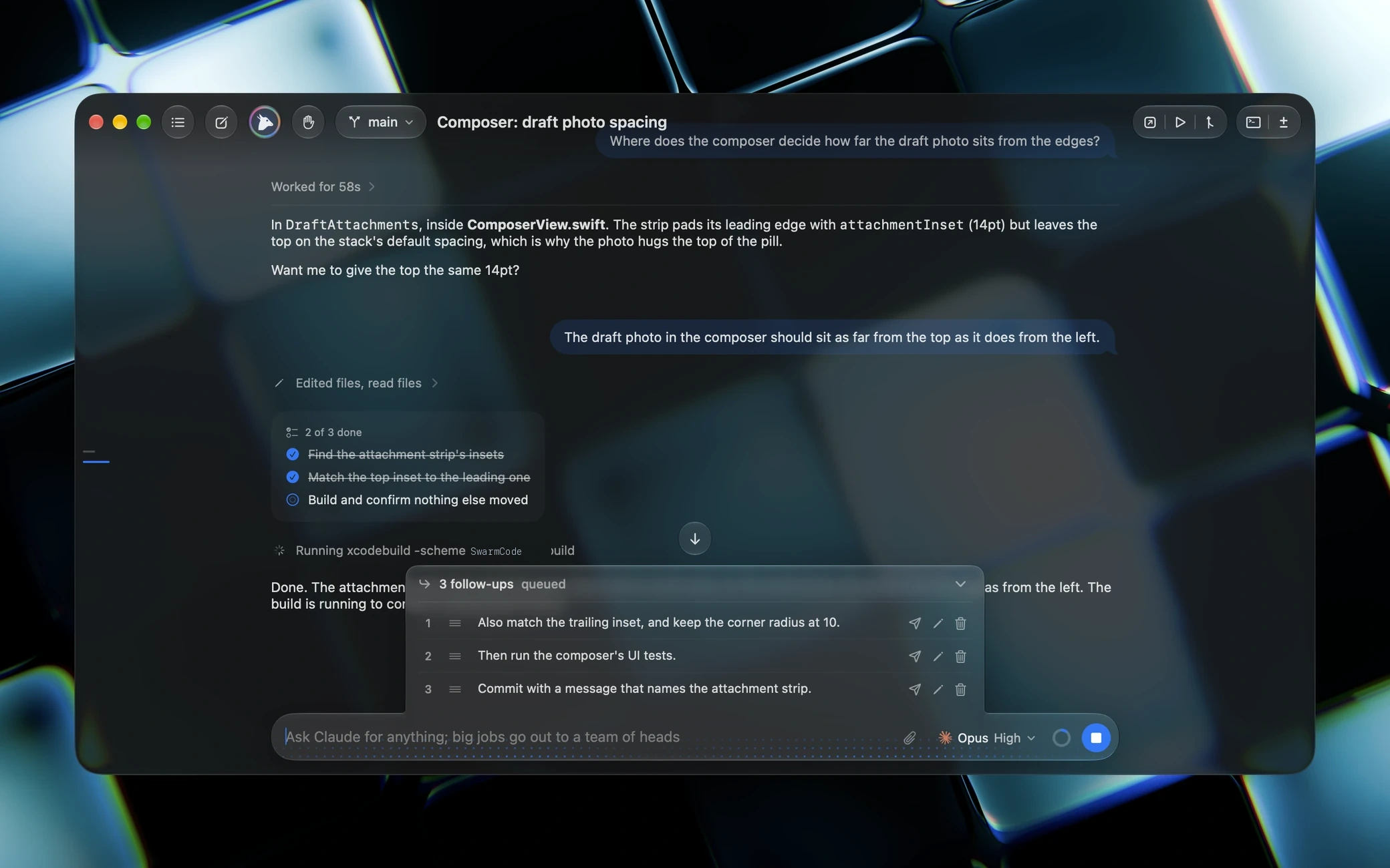 Three follow-ups queued above the chat box while a turn runs