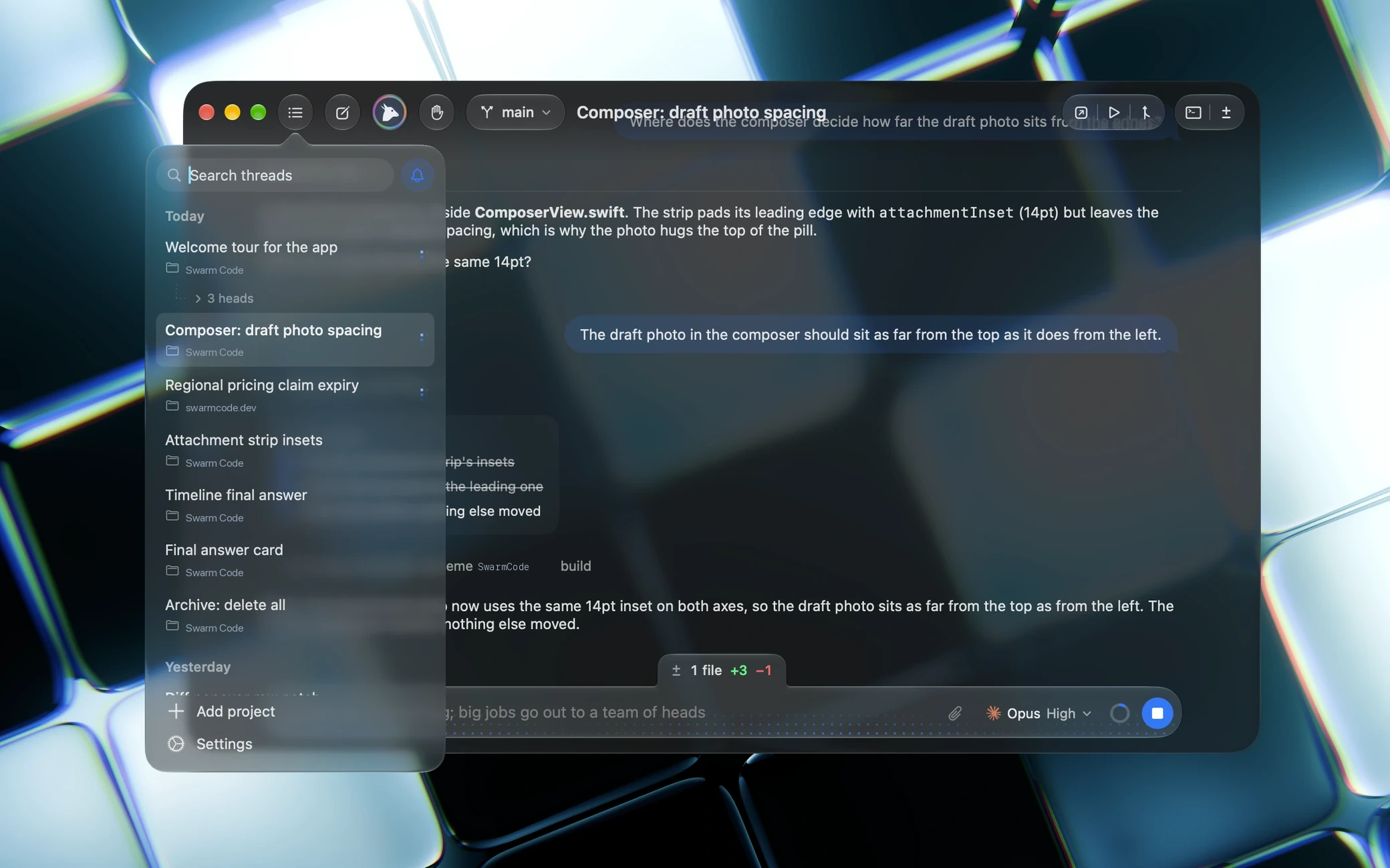 The hidden sidebar's thread list floating from the toolbar's Threads button over the chat
