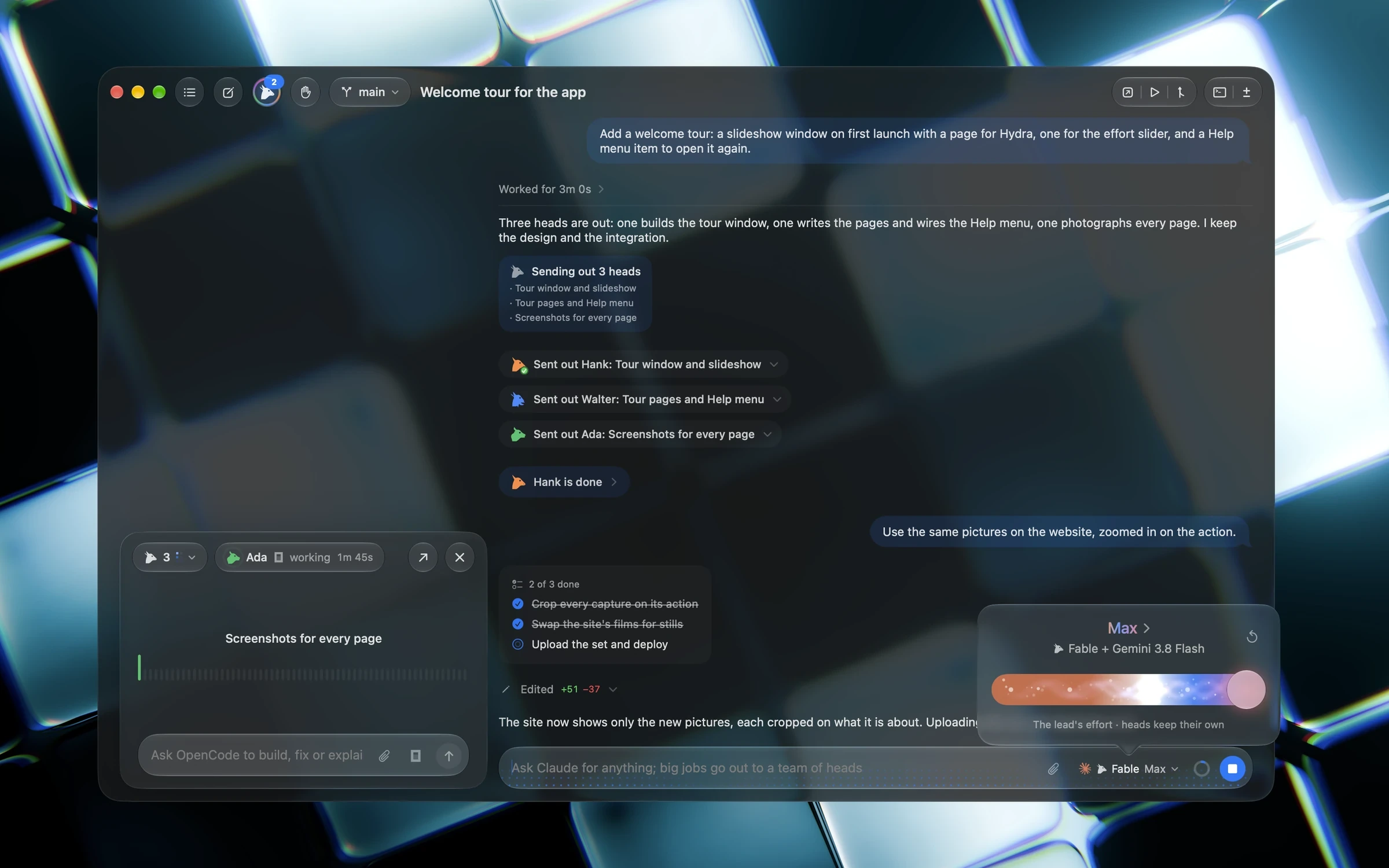 Swarm Code with a Hydra team at work: the lead's chat with its heads, the team's panel floating, and the effort slider open at Max